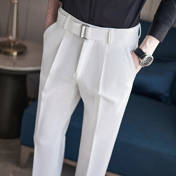 Riolio Mens Spring Autumn Belt Decoration Casual Ankle Length Pants Streetwear New Fashion Social Business Slim Fit Suit Pants
